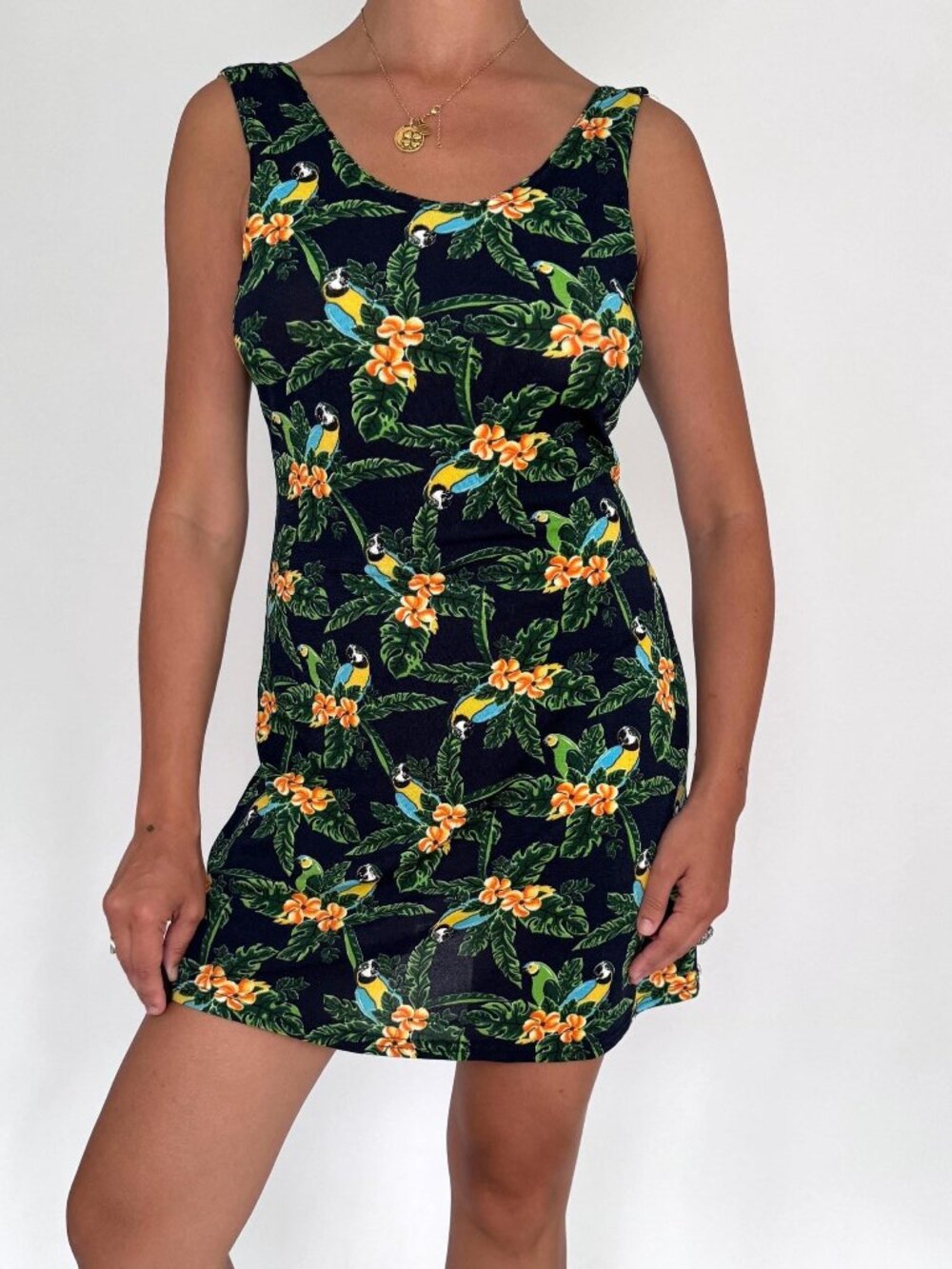 90s vintage colorful parrot bird novelty print short stretchy slinky mini dress